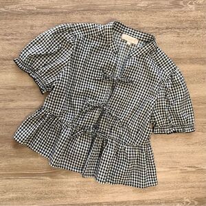 Indulge Gingham Cropped Tie Front Puff Sleeve Blouse